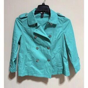 White House Black  Market Turquoise Button-Up Blazer Epaulette Pockets 4